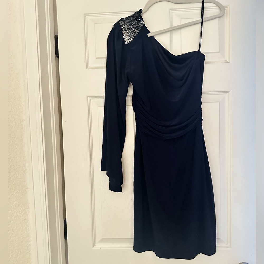B Darlin Navy One-Shoulder Dress with Sequin Detail